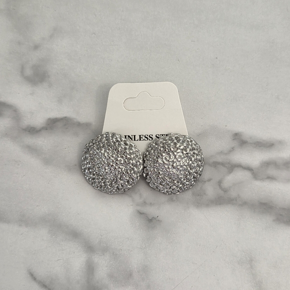 Textured Silver Dome Earrings Stainless Steel Studs - Picture 2 of 9